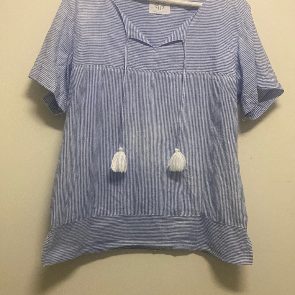 LINEN/Blue Relaxed Tie Front short sleeve blouse